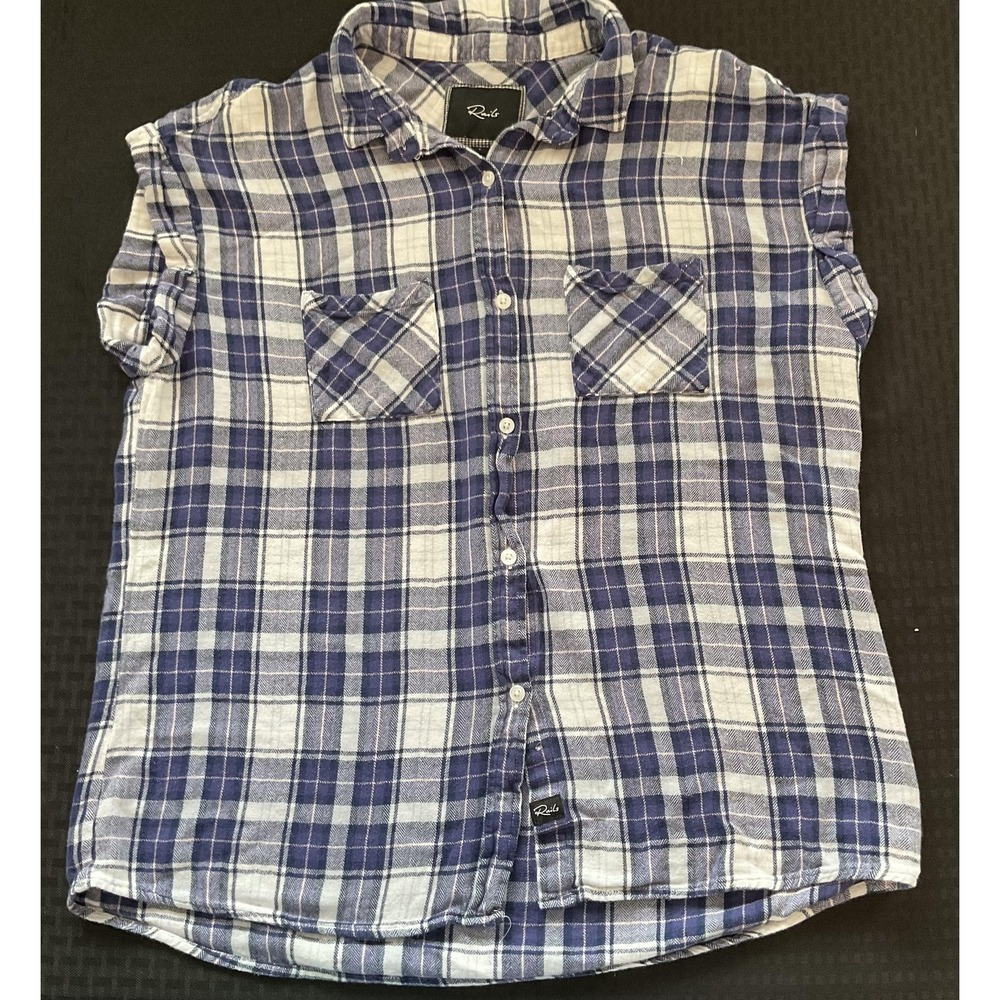 Rails Shirt Womens Large Blue White Plaid Button Down Cap Sleeve Double Pocket‎
